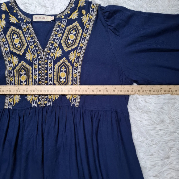 Solitaire Embroidered Tunic Dress Womens Blue Floral BOHO 3/4 Sleeve Size Large - Picture 5 of 11